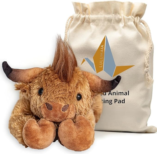 Heating Pad for Cramps - Microwavable Stuffed Animal Heating Pad for Neck and Shoulders - Microwave Heating Pad for Tension, Stress Relief Gift in Canvas Bag (Highland Cow)