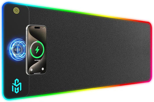 GIM PU Leather RGB Gaming Mouse Pad with 15W Magnetic Wireless Charging, 800x300x4mm LED Mouse Mat, 10 Light Modes, Non-Slip Rubber Base for PC MacBook Laptop