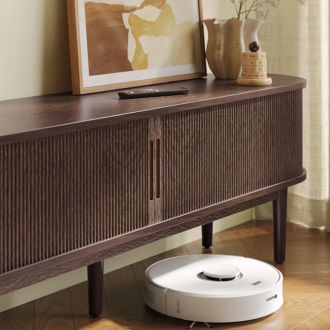 LINSY HOME 70" Fluted TV Stand for TVs up to 80 Inch, Mid Century Modern Entertainment Center with Storage Cabinet and Sliding Doors, Farmhouse Wood Media TV Console for Living Room, Bedroom, Walnut