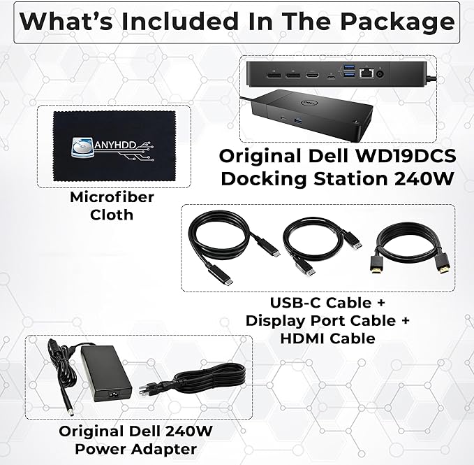Dell Performance Dock - WD19DCS Docking Station with 240W Power Adapter (210W Power Delivery) + HDMI Cable + Display Port Cable + USB-C Cable + Microfiber Cloth Included