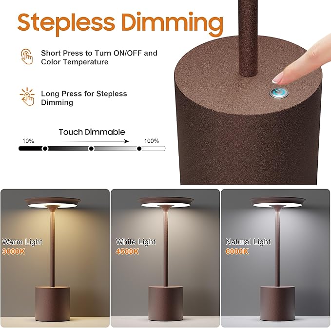 Cordless Table Lamp, Portable Rechargeable 6000mAh Outdoor Table Lamp, 3 Color Stepless Dimming Battery Powered Lamp, LED Table Light for Dinner/Bedroom/Restaurant/Outdoor (Rust)