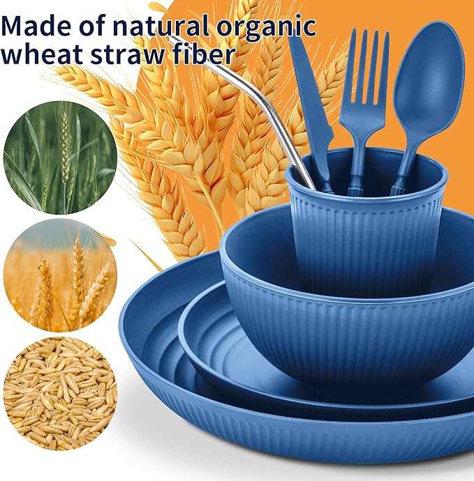 Wheat Straw Dinnerware Sets,64-Piece Plates and Bowls Sets for 8-Unbreakable,Reusable Plastic Dish Set-Dinner Plate/Dessert Plate/Cereal Bowl/Cup/Utensils-Microwavable Dishwasher Safe 64P-Deep Blue