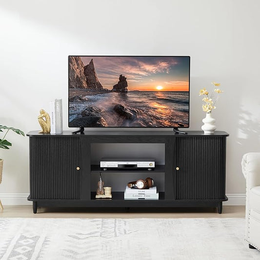 TV Stand, Fluted Media Console Table with Storage and Sliding Door, Farmhouse Entertainment Center for Living Room, Home Office (Black-No Fireplace)