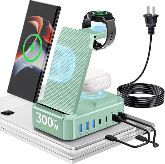 300W Wireless Charger for Samsung,Zutspzss 10 in 1 Wireless Charging Station, 65W USB C Fast Charging Stand for Samsung S25 Ultra/S24/S23/S22/Z Fold,Galaxy Watch Ultra7/6/5,Galaxy Buds,Green