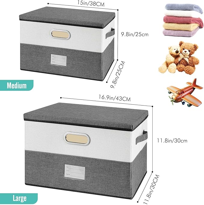 Large Linen Fabric Foldable Storage Bins with Removable Lid and Handles, Washable Storage Box Organizer Containers Baskets Cube with Cover for Bedroom,Closet,Office (Black&White, Medium)
