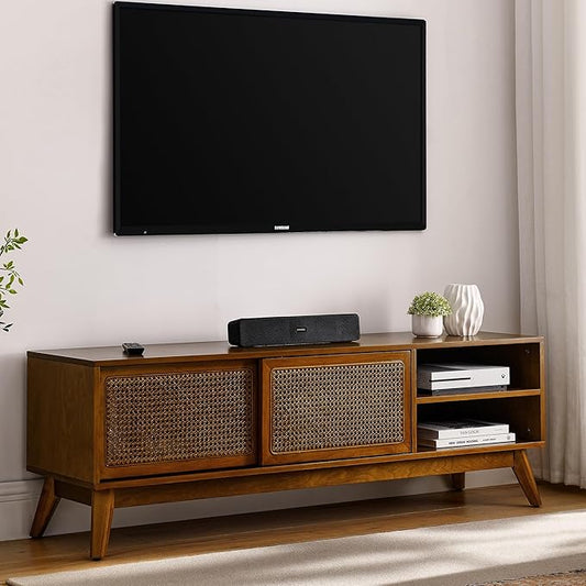 LKTART 59 Inch Mid Century Modern TV Stand with Rattan Doors, Entertainment Center Media Console for 55/60/65 inch TV, Boho/MCM Television Stand for Living Room/Bedroom, Light Wood