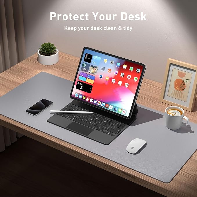 Aothia Leather Desk Pad Protector, Mouse Pad, Office Desk Mat, Non-Slip PU Leather Desk Blotter, Laptop Desk Pad, Waterproof Desk Writing Pad for Office and Home (31.5" x 15.7", Light Grey)
