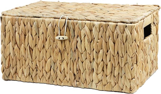 Large Wicker Basket with Lid, Rectangular Water Hyacinth Storage Baskets for Organizing, Woven Basket for Storage, Decorative Boxes Bins with Lids Home Organizer Decor (14.2" x 9.4" x 7")