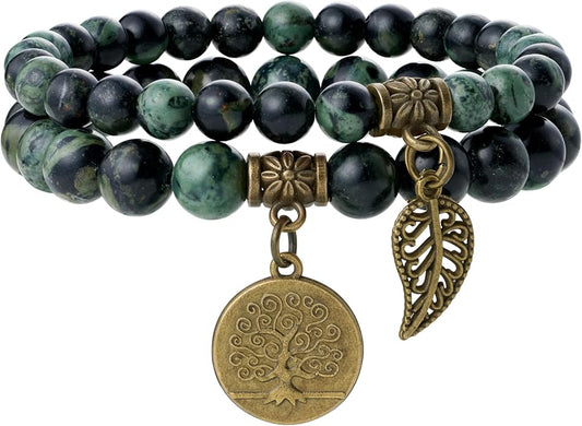 Bivei Natural Semi Precious Gemstone beads bracelet for women - Life Tree and Leaf Charm Energy Reiki Crystal Stretch Bracelets