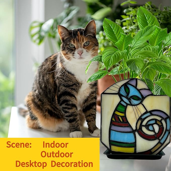 Stained Glass Cat Unique Plant Pot, Indoor Planter with Drainage and Tray,Succulent Plants Flower Pot,Cat Lover Gifts,4.6x3x5.15 in
