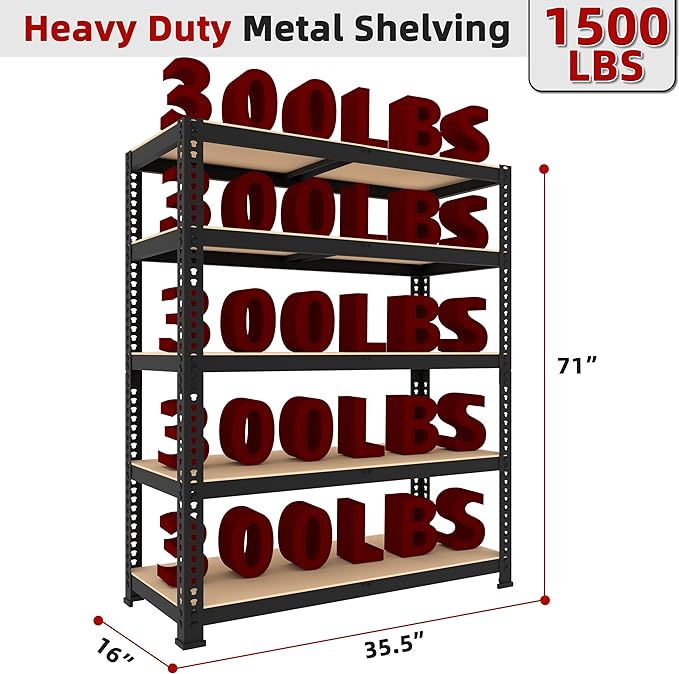 3 Packs 35.5" W x 16" D x 71" H Adjustable Garage Storage Shelves - 5-Shelf Heavy Duty Shelving Unit, Metal Utility Storage Organizer Racks for Warehouse Pantry Closet Kitchen, Black