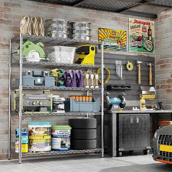 Storage Shelves Heavy Duty, 45" W x 20" D x 72" H Garage Wire Shelving Unit Loads 2000LBS, 5-Tier Adjustable Metal Industrial Utility Shelf Rack for Kitchen, Laundry Room, Pantry, Warehouse, Basement