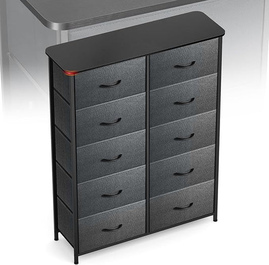 Curved Profile Dresser for Bedroom, Chest of Drawers, 10 Storage Drawers Organizer Unit, Brown Dresser with Fabric Bins for Closet, Living Room, Kid Room (Grey and Charcoal Black)