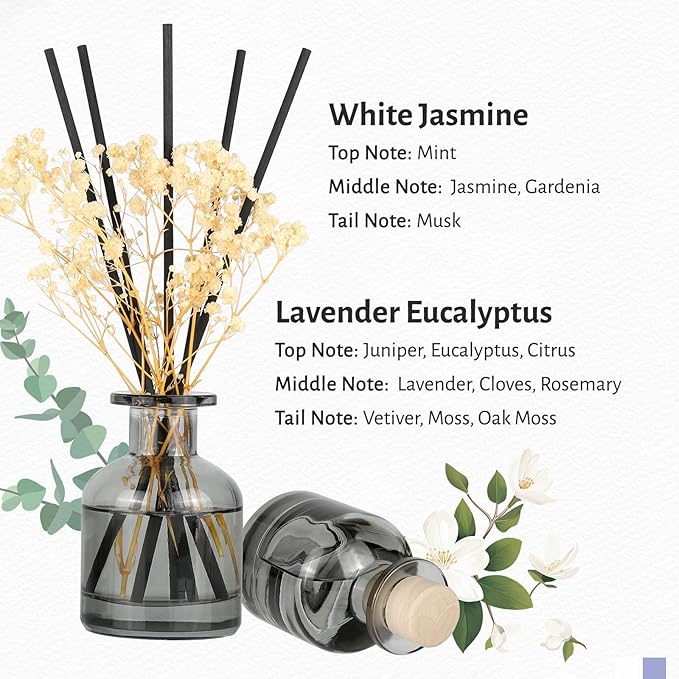 Brakula 2 Pack Reed Diffuser, White Jasmine + Lavender Eucalyptus (3.38 fl oz Each Pack), Home Fragrance with 12 Sticks, Shelf Decor, Reed diffusers for Home