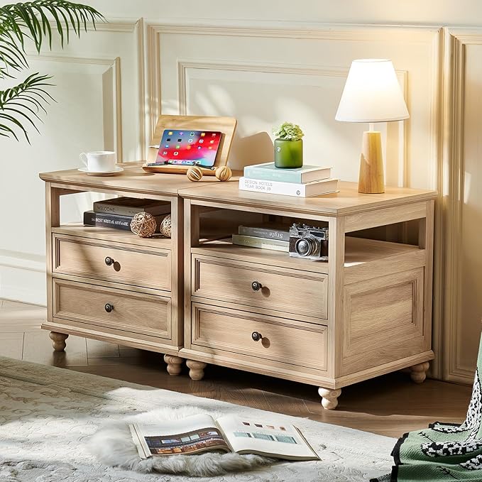 24" Wide Farmhouse Night Stand,Large End Table with 2 Drawers & Metal Handle,Wood Dresser for Bedroom, Natural Bed Side Table Chest of Drawers Cabinet,Nightstand for Living Room,Closet