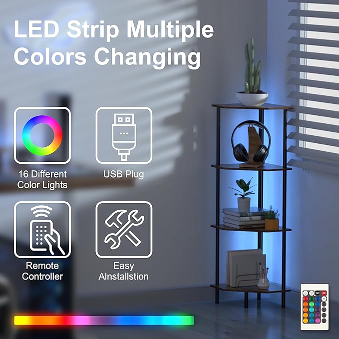 Corner Shelf Stand, Storage Standing Shelf Unit with Metal Frame, Narrow Bookshelf with LED Light Brown Plant Display Stand, Multi Unit Organizer Corner Cabinet for Bedroom, Living Room (4 Tier)