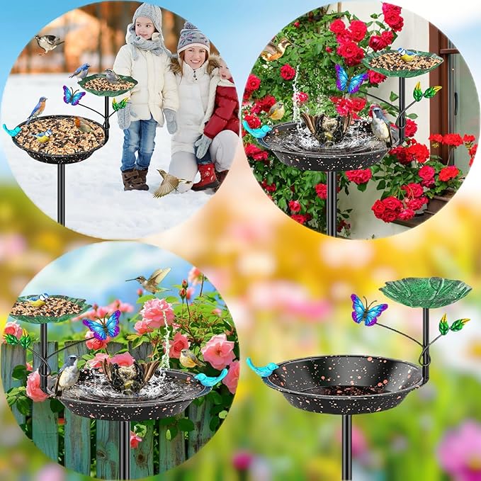 Metal Bird Bath for Outside Garden Birdbath Bowl, Freestanding Bird Feeders for Outdoors with 5 Prongs Base Stake, Standing Birdfeeders Birdbath Bowl for Yard Decor (2-in-1)