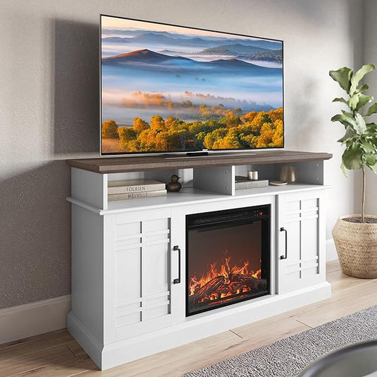BELLEZE 48" TV Stand with 18" Electric Fireplace Heater, Modern TV Stand for TVs up to 50", Entertainment Media Stand with Open Shelves and Storage Cabinets for Living Room, Bedroom (White)