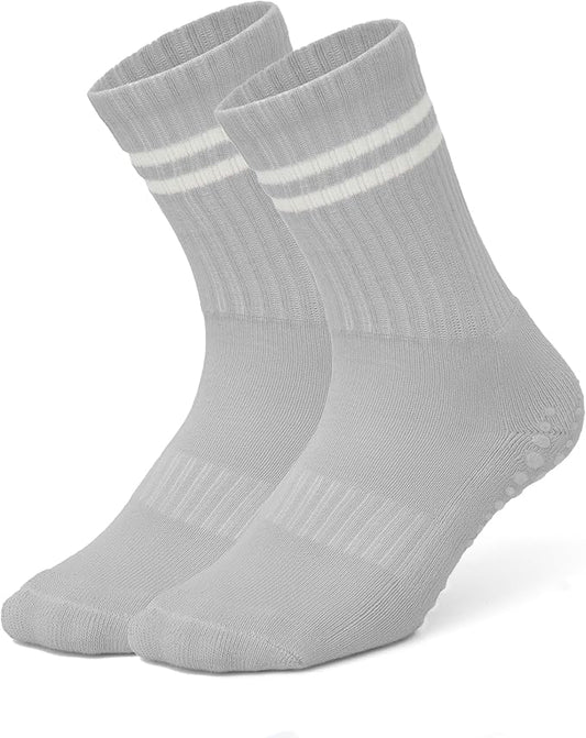 AMELLE Pilates Mid Crew Grip Socks for Women Non Slip – Half Cushioned Striped Yoga Barre Crew Socks with Grips – Anti Skid