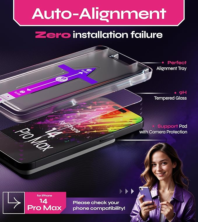 Defenslim Screen Protector for iPhone 14 Pro Max (2Pack), Easy Auto-Align Install Kit, 6.7" Tempered Glass, 9H Hardness, Ultra HD Clear, Case Friendly, EasyShield