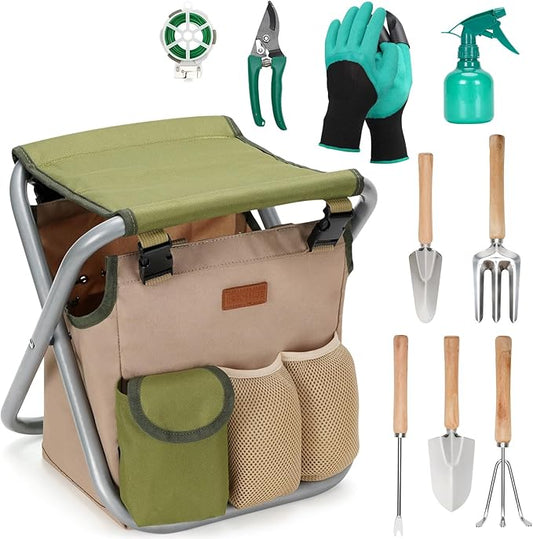 INNO STAGE 10 Piece Gardening Hand Tools Set with Garden Storage Tote Bag and Seat-Best Garden Tools Kit Organizer Valentine's Day Gifts