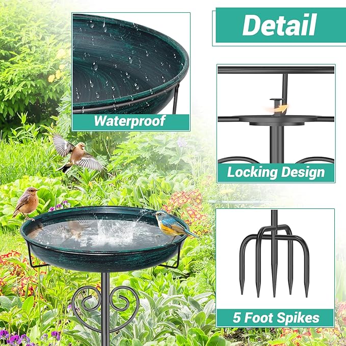 Metal Bird Bath for Outside, Standing Garden Bird Bath Bird Feeder Bowl with 5-Pronged Stake, Detachable Birdfeeder Bath for Outdoors Garden Patio Yard Lawn Decor (Vintage Green)