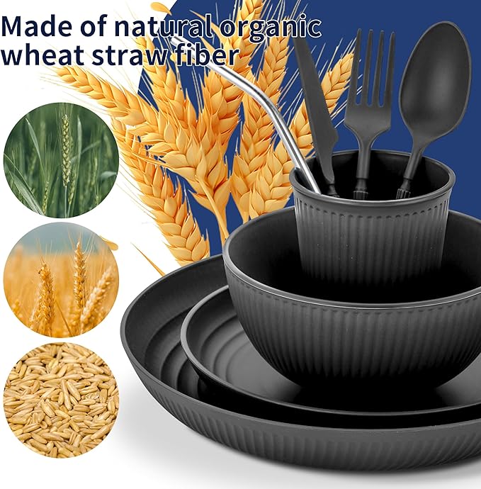 Wheat Straw Dinnerware Sets,64-Piece Black Plates and Bowls Sets for 8-Unbreakable,Reusable Plastic Dish Set-Dinner Plate/Dessert Plate/Cereal Bowl/Cup/Utensils-Microwavable Dishwasher Safe 64P-BLACK