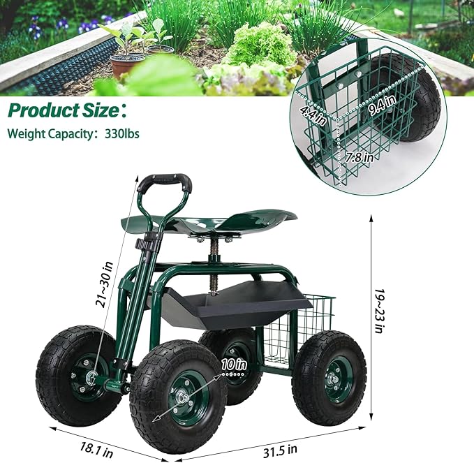 BDL Garden Cart Outdoor Rolling Garden Workseat with Wheels, Heavy Duty Garden Tool Cart with Extendable Handle and Storage for Seniors Yard Gardening Work