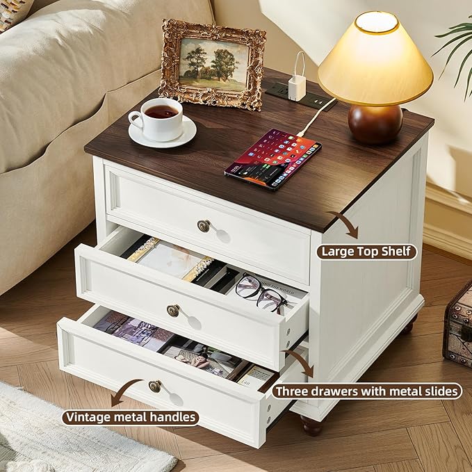 Farmhouse Nightstand with Charging Station, 24" Wide End Table with 3 Drawers,White Wood Dresser for Bedroom, Bed Side Table Chest of Drawers Cabinet,Night Stand for Living Room, Closet