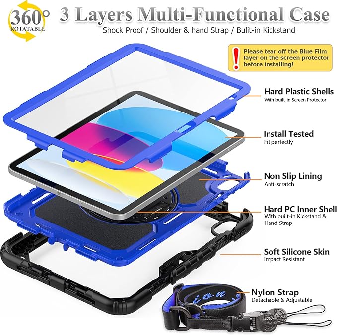 SEYMAC stock Case for iPad (A16) 11th/10th Generation 11''/10.9'' 2025/2022, Full-Body Drop Protection Case with Screen Protector &360° Rotate Hand Strap/Stand, Blue+Black
