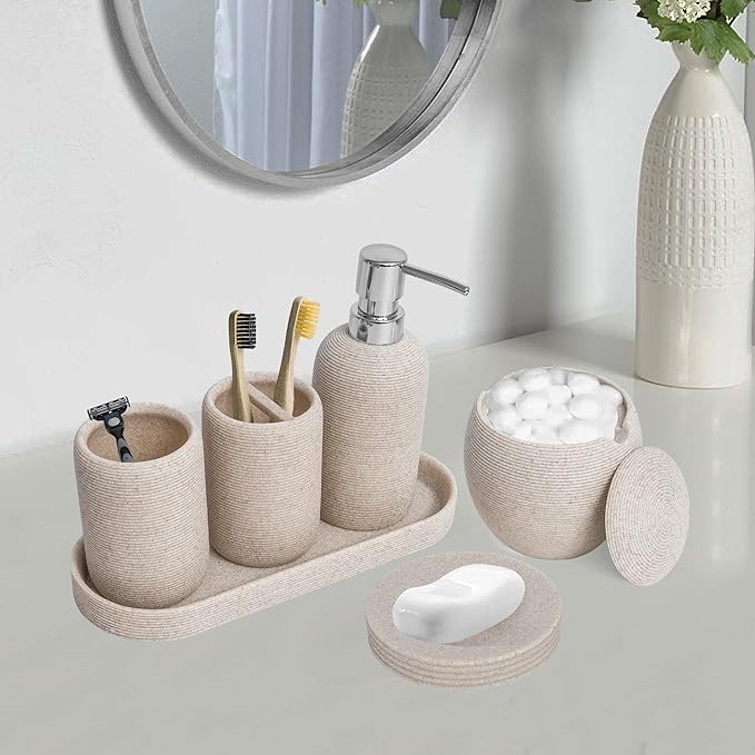 Bathroom Accessory Set, 6PCS Beige Bathroom Accessories - Soap Dish, Lotion Dispenser, Toothbrush Holder, Mouthwash Cup, Tray, Cotton Ball Jar, Aesthetic Decor Bathroom Sets