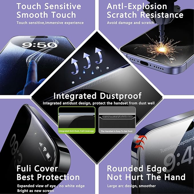 2 Pack Matte Screen Protector for iPhone 14 Pro/iPhone 15 / iPhone 16,9H Tempered Glass,Full Coverage,Anti-Fingerprint,Auto Dust-Elimination,No Bubble,Easy Installation