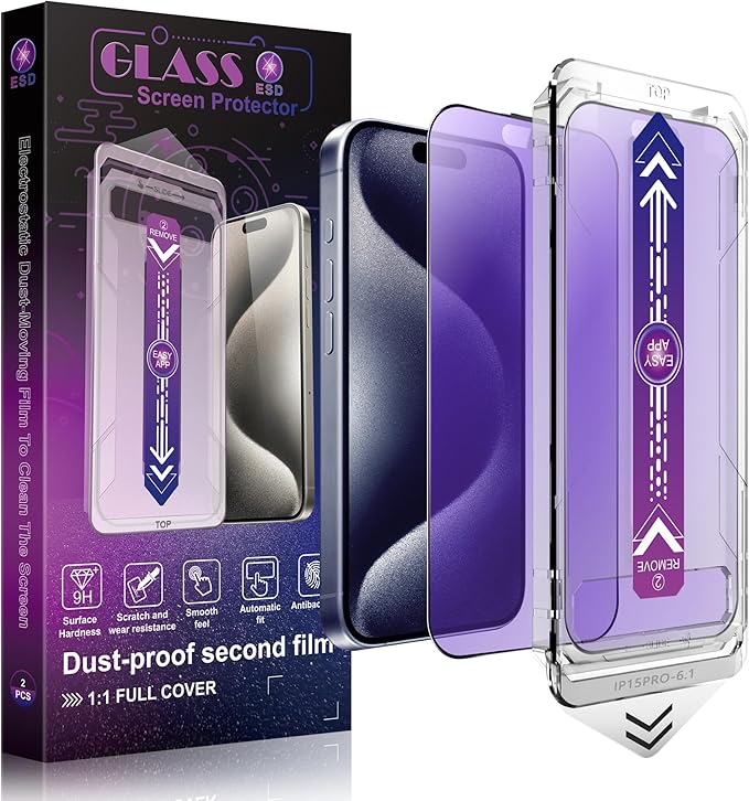 2 Pack Anti Blue Light Matte Screen Protector for iPhone 15 Pro 6.1-Inch Auto Dust Removal, No Bubbles, Tempered Glass Film, Easy Installation