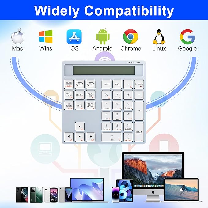 2-in-1 Wireless Number Pad & Calculator, Bluetooth 5.0 Numeric Keypad with USB-C Charging, 34-Key Portable Number Pad for Laptop, MacBook, PC, Windows, iOS & Android Devices