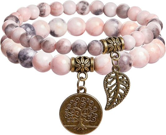 Bivei Natural Semi Precious Gemstone beads bracelet for women - Life Tree and Leaf Charm Energy Reiki Crystal Stretch Bracelets