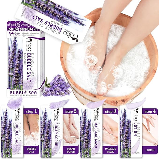 Pedicure Kit Foot Soak Set: Bubble Salt, Sugar Scrub, Massage Mask, Massage Lotion in a Box, 4 Step Foot Spa Kit for Dry Feet,Tired Feet（1 Set Lavender)