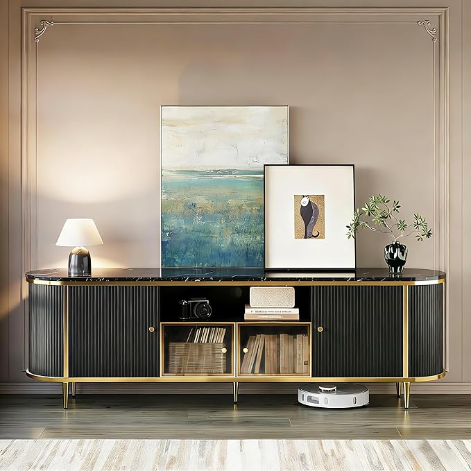 Luxury 70" Fluted TV Stand, Modern Entertainment Center for TVs Up to 80”, TV Console with Faux Marble Tabletop, Curved Profile Design, Media Console for Living Room, Black