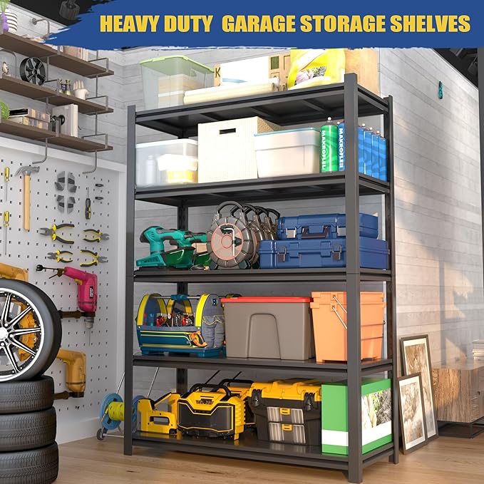 2500LBS Garage Shelving Units and Storage, Heavy Duty Shelf Rack, 5 Tier Shelves for Garage Storage, Metal Adjustable Shelf for Basement, Warehouse and Supermarket