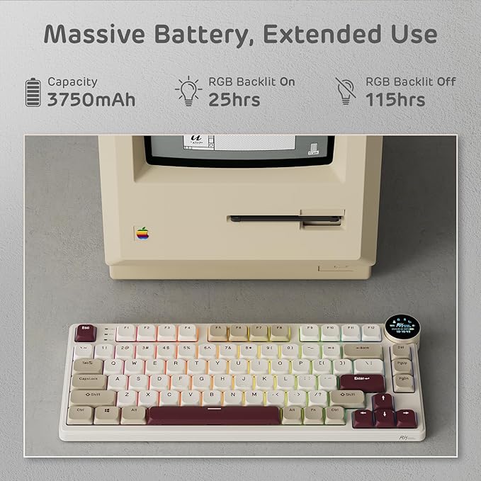 RK ROYAL KLUDGE N80 Low Profile Mechanical Keyboard w/Smart Display Screen & Knob, 75% Top Mount 3-Modes Wireless Mechanical Keyboard, Software Support, Massive Battery, 80 Keys, Tactile Brown Switch