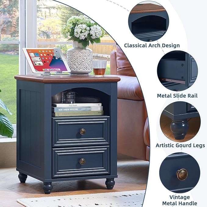 18" Farmhouse Night Stand with Charging Station, Blue Wood Nightstand with 2 Drawers, Bedside End Table with Shelf Storage, Bed Side Tables Cabinet for Bedroom, Living Room, and Closet