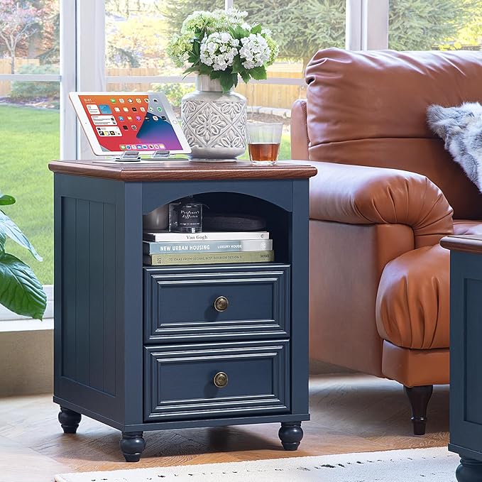 18" Farmhouse Night Stand with Charging Station, Blue Wood Nightstand with 2 Drawers, Bedside End Table with Shelf Storage, Bed Side Tables Cabinet for Bedroom, Living Room, and Closet