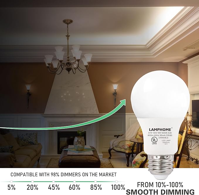 LAMPHOME 4-Pack Neutral White LED Bulbs - Perfect for Bedroom & Living Room, 60W Equivalent, 3000K, 9W, 15000-Hour Life, E26 Base