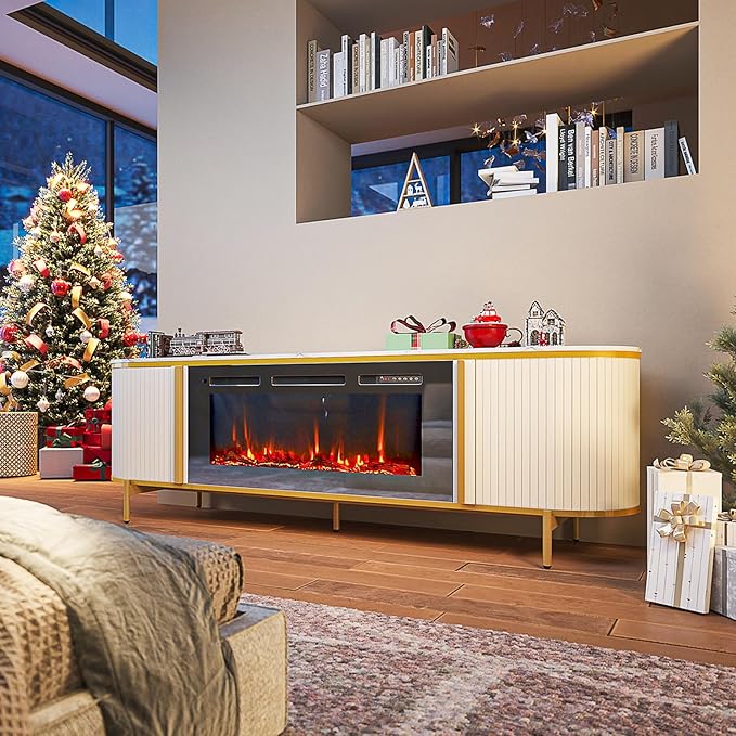 Luxury 70" Fluted Fireplace TV Stand, Modern Chic Entertainment Center for TVs Up to 80", TV Console for Living Room, White Media Cabinet with Storage,70 Inch