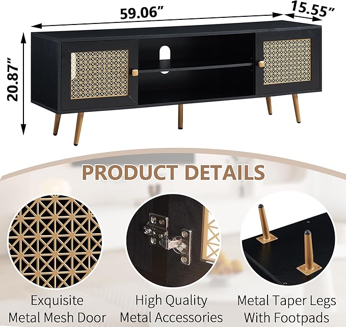 Mid Century Modern TV Stand for 65 inch TV, Entertainment Center with Storage, Metal Mesh Decorated Cabinet Doors for Living Room, Black