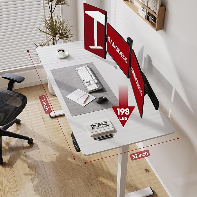 SANODESK Electric Standing Desk 71x32 Inch Height Adjustable Stand Up Desk Home Office Computer Workstation Sit Stand Home Office Desk with Splice Board (White Frame + White Top)