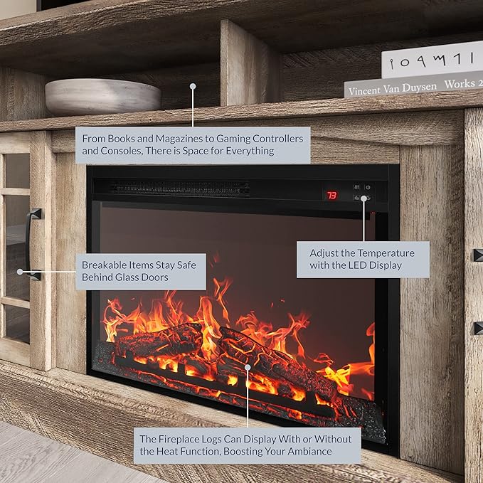BELLEZE Traditional 58" Rustic TV Stand with 23" Electric Fireplace Heater with Sound, Media Entertainment Center Console Table for TV up to 65" with Open Storage Shelves and Cabinets - Ashland Pine
