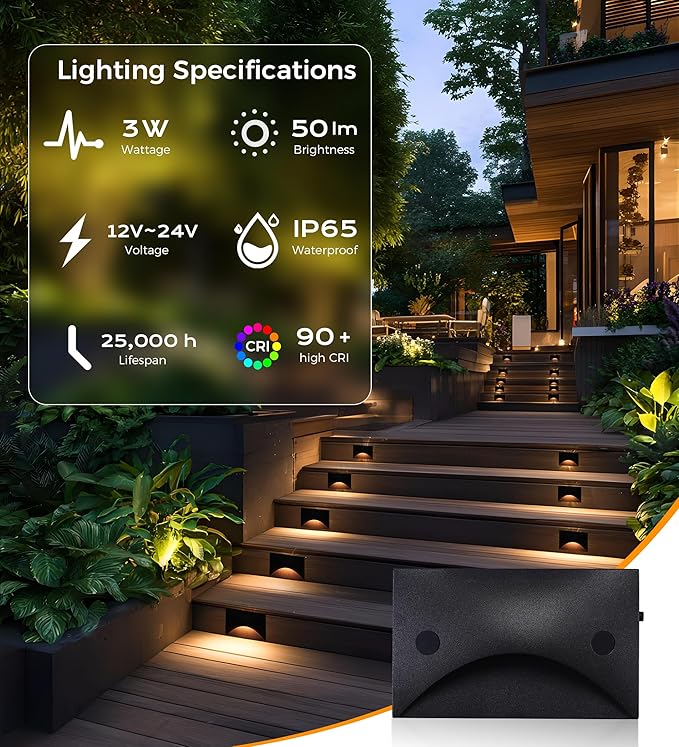 [6 Pack] Cloudy Bay Low Voltage LED Step Lights Outdoor, Surface Mount/J-Box Mount 2200K/2700K/3000K/4000K/5000K Selectable,12V-24V 3W Landscape Stair Lights,Aluminum,Metal Black