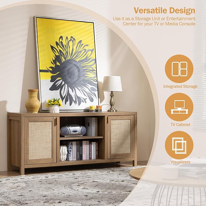 SICOTAS TV Stands for Living Room : Rattan TV Console Cabinet with Storage and Shelf, Boho Entertainment Center, 59" Media Console for 55, 65 Inch TV, 26" Tall Television Stands, Oak