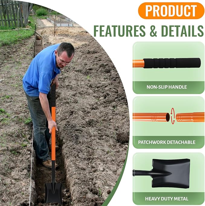 Small Square Shovels for Digging, Garden Spade Shovel Beach Shovels for Kids with 43.3in Handle,Heavy Duty Portable Metal Shovel for Gardening Camping Trenching Digging Landscaping,Off-Road,Orange