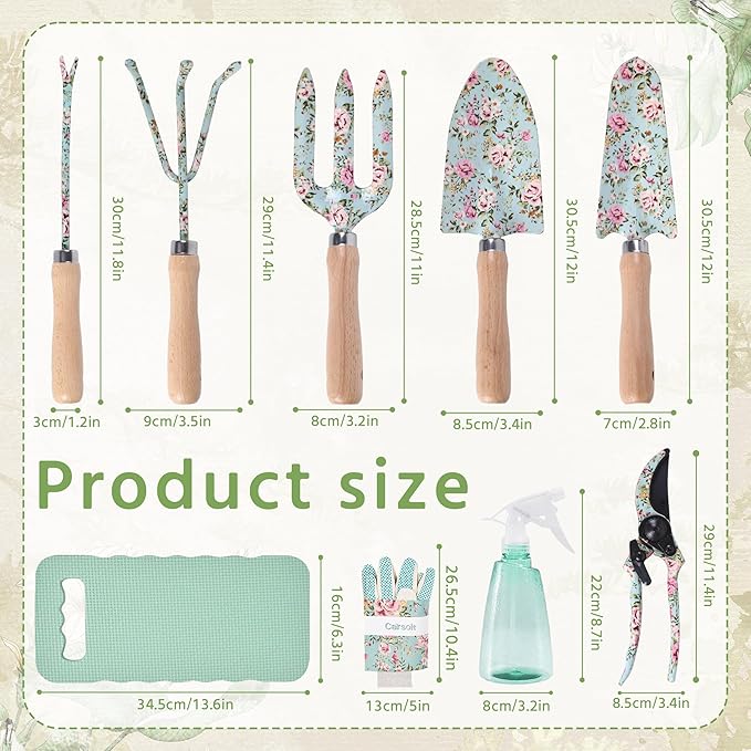 WNJ Gardening Tool Set, 10 PCS Heavy Duty Floral Pattern Garden Tools Set Kit, Complete Gardening Tool Bag Set, with Non-Slip Rubber Handle, Best Gifts for Women